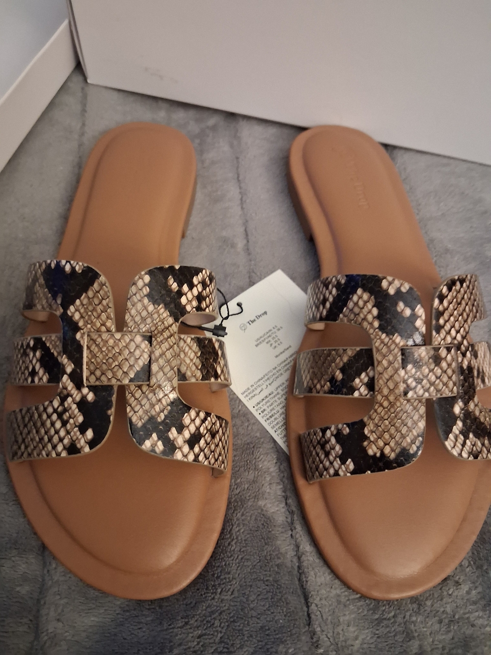 Tan Slide Sandals with Snake-Print Straps